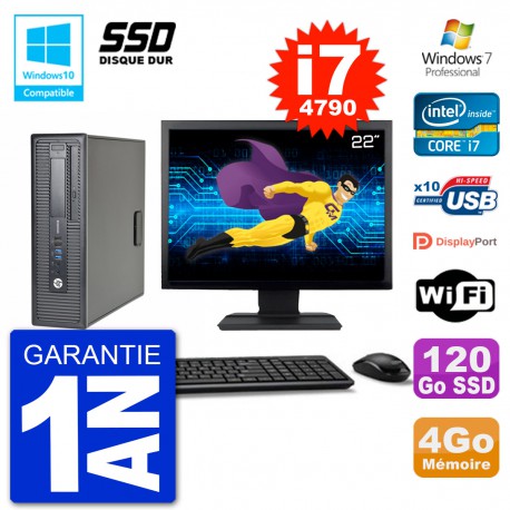 PC HP EliteDesk 800 G1 SFF Ecran 22" i7-4790 4Go SSD 120Go Graveur DVD Wifi W7