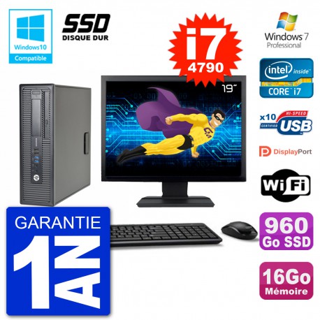 PC HP EliteDesk 800 G1 SFF Ecran 19" i7-4790 16Go SSD 960Go Graveur DVD Wifi W7