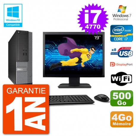 PC Dell 3020 SFF Ecran 19" Intel i7-4770 RAM 4Go Disque 500Go Graveur DVD Wifi W7