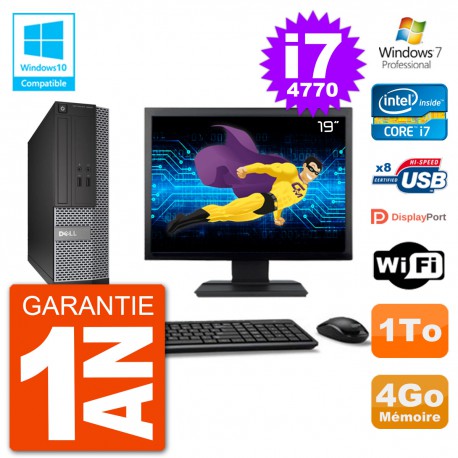 PC Dell 3020 SFF Ecran 19" Intel i7-4770 RAM 4Go Disque 1To Graveur DVD Wifi W7