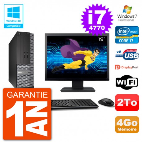 PC Dell 3020 SFF Ecran 19" Intel i7-4770 RAM 4Go Disque 2To Graveur DVD Wifi W7