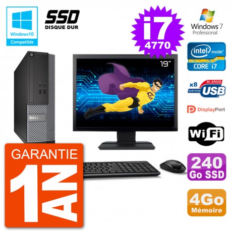 PC Dell 3020 SFF Ecran 19" Intel i7-4770 RAM 4Go SSD 240Go Graveur DVD Wifi W7