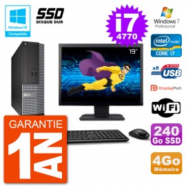 PC Dell 3020 SFF Ecran 19" Intel i7-4770 RAM 4Go SSD 240Go Graveur DVD Wifi W7