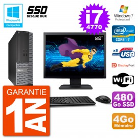 PC Dell 3020 SFF Ecran 22" Intel i7-4770 RAM 4Go SSD 480Go Graveur DVD Wifi W7