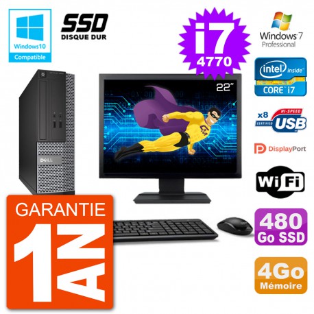 PC Dell 3020 SFF Ecran 22" Intel i7-4770 RAM 4Go SSD 480Go Graveur DVD Wifi W7