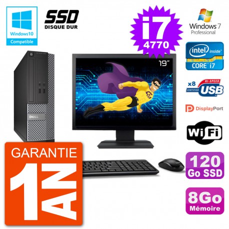 PC Dell 3020 SFF Ecran 19" Intel i7-4770 RAM 8Go SSD 120Go Graveur DVD Wifi W7