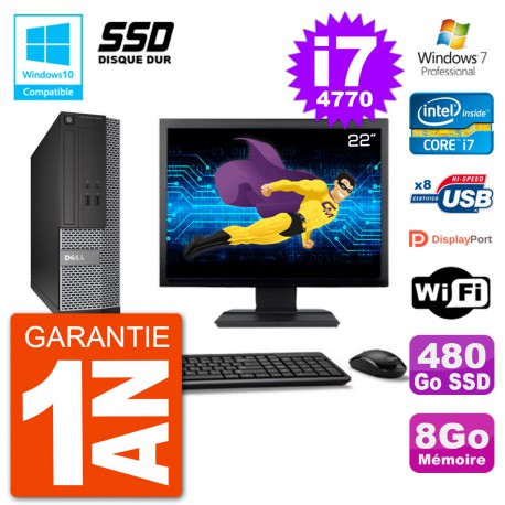 PC Dell 3020 SFF Ecran 22" Intel i7-4770 RAM 8Go SSD 480Go Graveur DVD Wifi W7