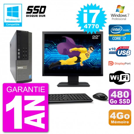 PC Dell 7020 SFF Ecran 22" Intel i7-4770 RAM 4Go SSD 480Go Graveur DVD Wifi W7