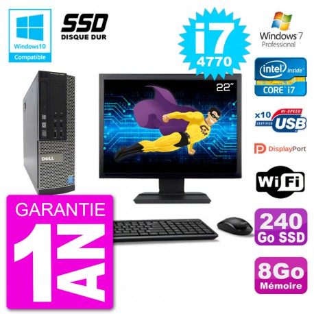 PC Dell 7020 SFF Ecran 22" Intel i7-4770 RAM 8Go SSD 240Go Graveur DVD Wifi W7