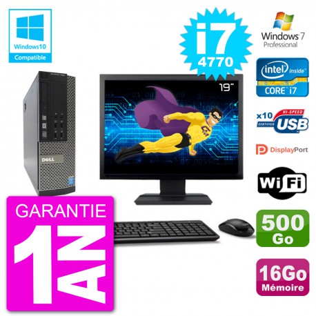 PC Dell 7020 SFF Ecran 19" Intel i7-4770 RAM 16Go Disque 500Go Graveur DVD Wifi W7