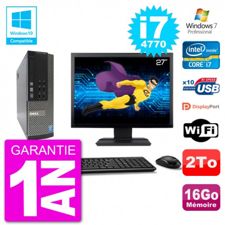 PC Dell 7020 SFF Ecran 27" Intel i7-4770 RAM 16Go Disque 2To Graveur DVD Wifi W7