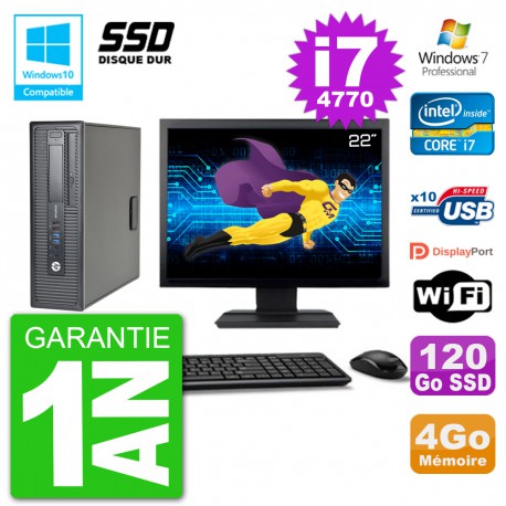 PC HP EliteDesk 800 G1 SFF Ecran 22" i7-4770 4Go SSD 120Go Graveur DVD Wifi W7