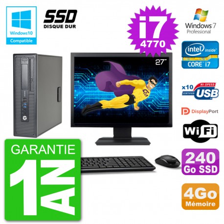 PC HP EliteDesk 800 G1 SFF Ecran 27" i7-4770 4Go SSD 240Go Graveur DVD Wifi W7