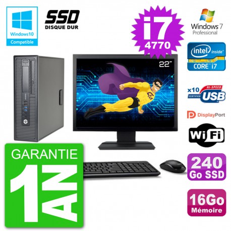 PC HP EliteDesk 800 G1 SFF Ecran 22" i7-4770 16Go SSD 240Go Graveur DVD Wifi W7