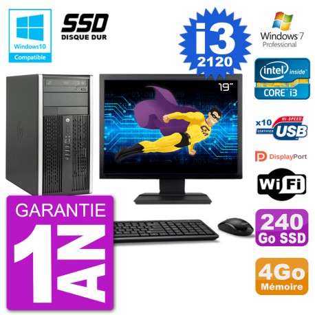 PC HP 6300 MT Ecran 19" Core i3-2120 RAM 4Go SSD 240Go Graveur DVD Wifi W7