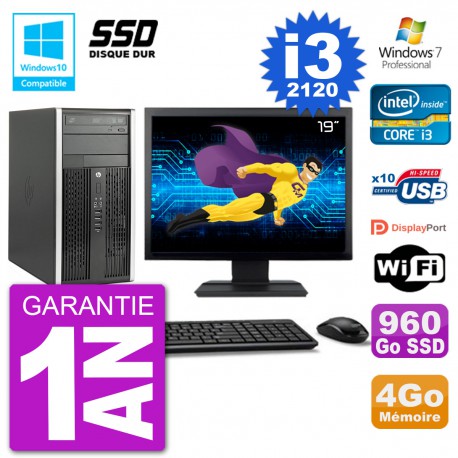 PC HP 6300 MT Ecran 19" Core i3-2120 RAM 4Go SSD 960Go Graveur DVD Wifi W7