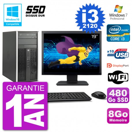 PC HP 6300 MT Ecran 19" Core i3-2120 RAM 8Go SSD 480Go Graveur DVD Wifi W7