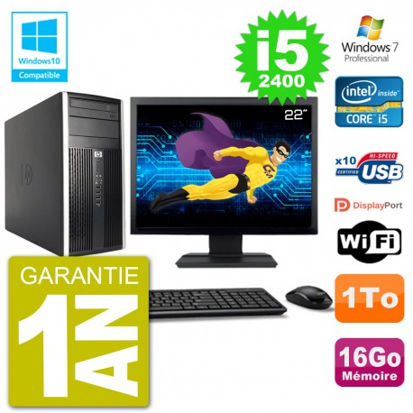 PC HP 6300 MT Ecran 22" Core i5-2400 RAM 16Go Disque 1To Graveur DVD Wifi W7