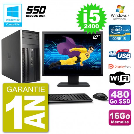 PC HP 6300 MT Ecran 27" Core i5-2400 RAM 16Go SSD 480Go Graveur DVD Wifi W7