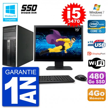 PC HP 6300 MT Ecran 19" Core i5-3470 RAM 4Go SSD 480Go Graveur DVD Wifi W7