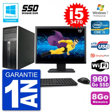 PC HP 6300 MT Ecran 19" Core i5-3470 RAM 8Go SSD 960Go Graveur DVD Wifi W7