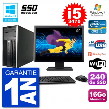 PC HP 6300 MT Ecran 27" Core i5-3470 RAM 16Go SSD 240Go Graveur DVD Wifi W7