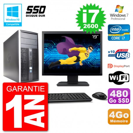 PC HP 6300 MT Ecran 19" Core i7-2600 RAM 4Go SSD 480Go Graveur DVD Wifi W7