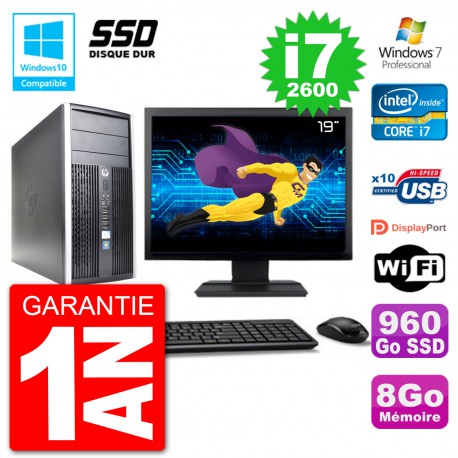 PC HP 6300 MT Ecran 19" Core i7-2600 RAM 8Go SSD 960Go Graveur DVD Wifi W7