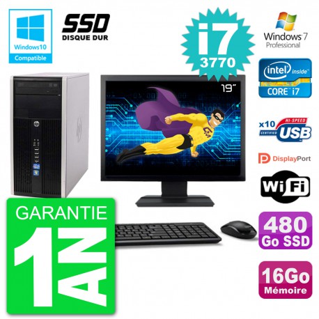 PC HP 6300 MT Ecran 19" Core i7-3770 RAM 16Go SSD 480Go Graveur DVD Wifi W7