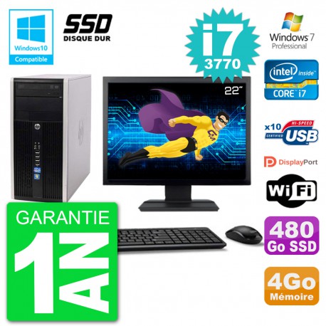 PC HP 6300 MT Ecran 22" Core i7-3770 RAM 4Go SSD 480Go Graveur DVD Wifi W7