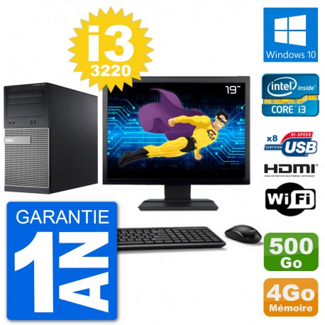 PC Dell 3010 MT Ecran 19" i3-3220 RAM 4Go Disque Dur 500Go HDMI Windows 10 Wifi