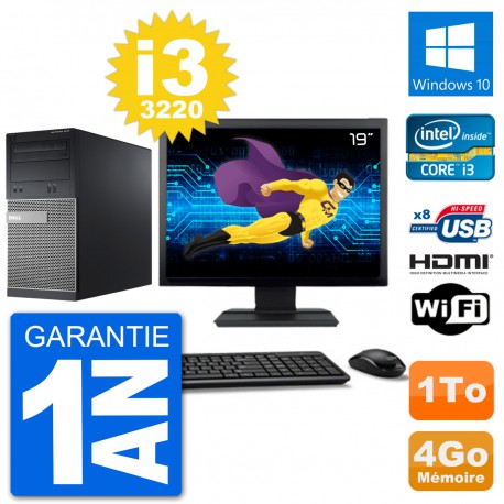 PC Dell 3010 MT Ecran 19" i3-3220 RAM 4Go Disque Dur 1To HDMI Windows 10 Wifi