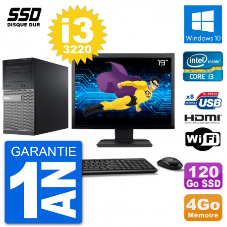 PC Dell 3010 MT Ecran 19" i3-3220 RAM 4Go SSD 120Go HDMI Windows 10 Wifi