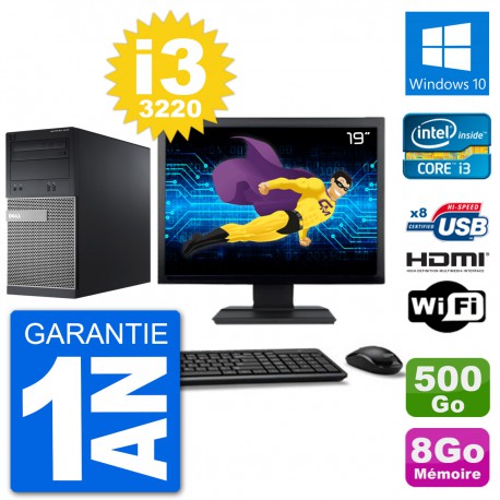 PC Dell 3010 MT Ecran 19" i3-3220 RAM 8Go Disque Dur 500Go HDMI Windows 10 Wifi