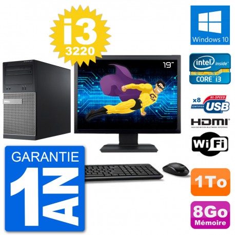 PC Dell 3010 MT Ecran 19" i3-3220 RAM 8Go Disque Dur 1To HDMI Windows 10 Wifi