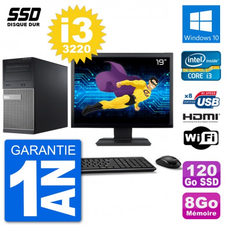 PC Dell 3010 MT Ecran 19" i3-3220 RAM 8Go SSD 120Go HDMI Windows 10 Wifi