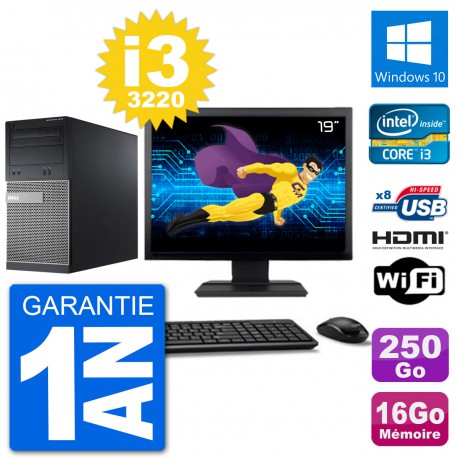 PC Dell 3010 MT Ecran 19" i3-3220 RAM 16Go Disque Dur 250Go HDMI Windows 10 Wifi