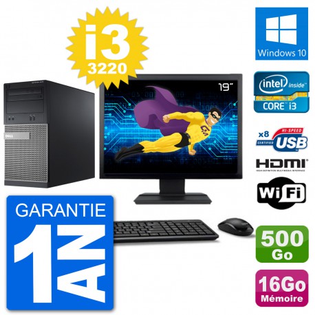 PC Dell 3010 MT Ecran 19" i3-3220 RAM 16Go Disque Dur 500Go HDMI Windows 10 Wifi