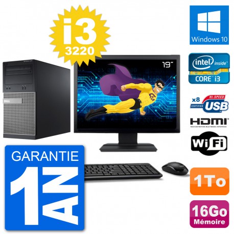 PC Dell 3010 MT Ecran 19" i3-3220 RAM 16Go Disque Dur 1To HDMI Windows 10 Wifi