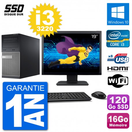 PC Dell 3010 MT Ecran 19" i3-3220 RAM 16Go SSD 120Go HDMI Windows 10 Wifi