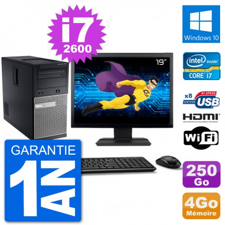 PC Dell 3010 MT Ecran 19" i7-2600 RAM 4Go Disque Dur 250Go HDMI Windows 10 Wifi