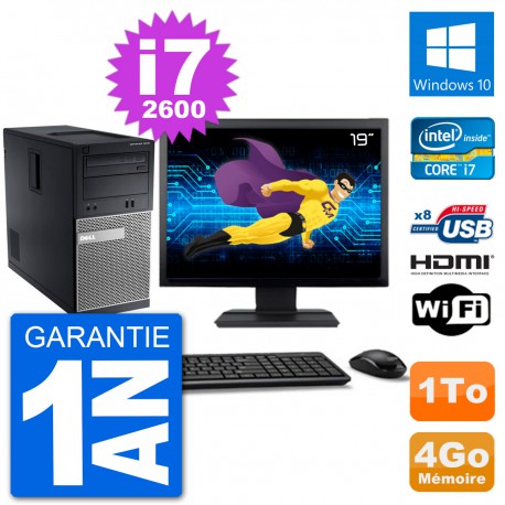 PC Dell 3010 MT Ecran 19" i7-2600 RAM 4Go Disque Dur 1To HDMI Windows 10 Wifi