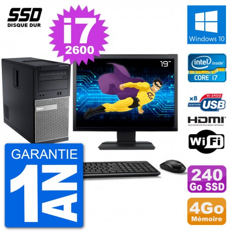 PC Dell 3010 MT Ecran 19" i7-2600 RAM 4Go SSD 240Go HDMI Windows 10 Wifi