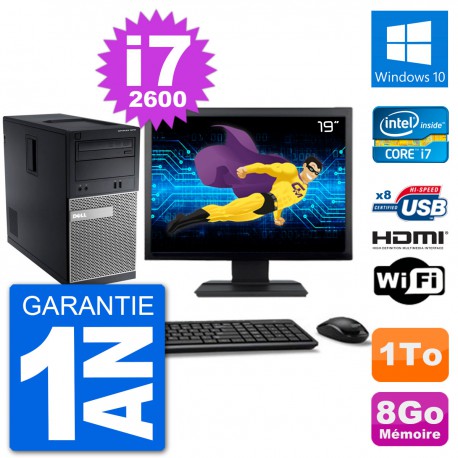 PC Dell 3010 MT Ecran 19" i7-2600 RAM 8Go Disque Dur 1To HDMI Windows 10 Wifi