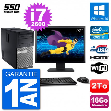 PC Dell 3010 MT Ecran 22" i7-2600 RAM 16Go Disque Dur 2To HDMI Windows 10 Wifi