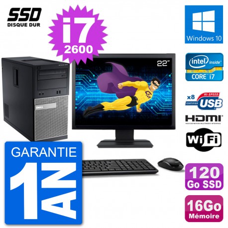 PC Dell 3010 MT Ecran 22" i7-2600 RAM 16Go SSD 120Go HDMI Windows 10 Wifi