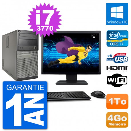 PC Dell 3010 MT Ecran 19" i7-3770 RAM 4Go Disque Dur 1To HDMI Windows 10 Wifi