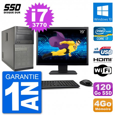 PC Dell 3010 MT Ecran 19" i7-3770 RAM 4Go SSD 120Go HDMI Windows 10 Wifi