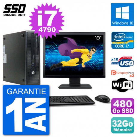 PC HP EliteDesk 800 G1 Ecran 19" Core i7-4790 RAM 32Go SSD 480Go Windows 10 Wifi