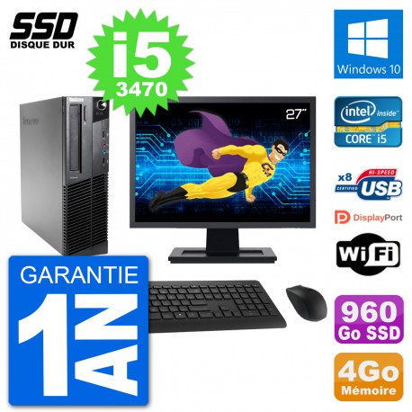 PC Lenovo M92p SFF Ecran 27" Intel i5-3470 RAM 4Go SSD 960Go Windows 10 Wifi